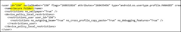 A screenshot of a Samsung Secure Folder user.xml configuration file showing encryption used by anti forensic apps.
