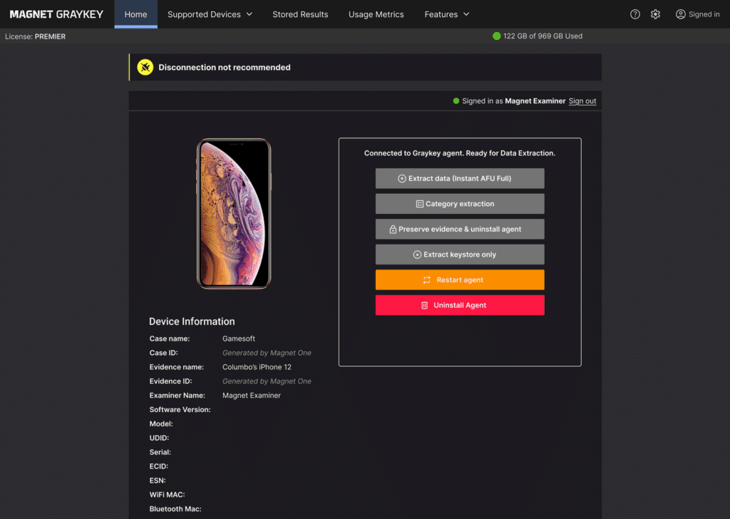 A screenshot of a mobile extraction in Magnet Graykey with the Mobile Case Stream activation shown.