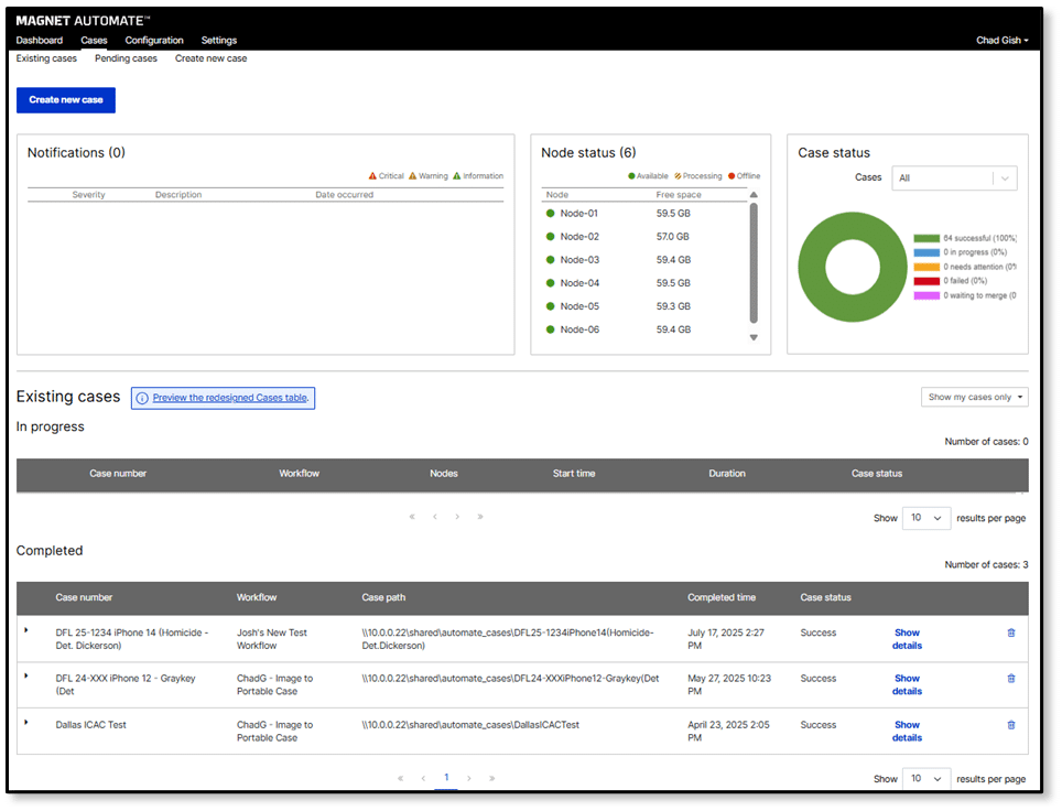 A screenshot of the Magnet Automate cases dashboard showing notifications, node status for six nodes, case status, and a table of existing cases.