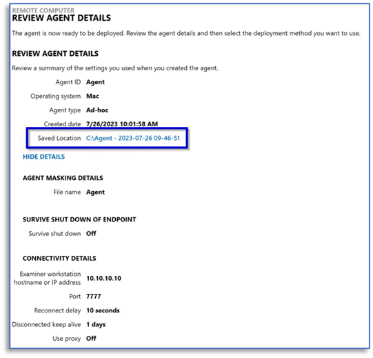 A screenshot from Magnet AXIOM Cyber showing where to find the Saved Location for the signed macOS agent for upload to Jamf.