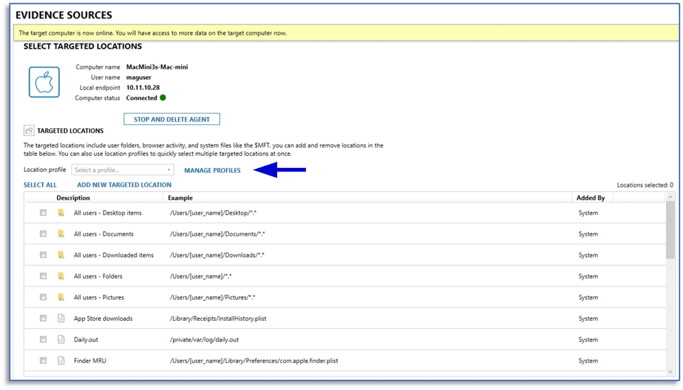 A screenshot of Magnet AXIOM Cyber showing the Evidence Sources window, with "Manage Profiles" highlighted.