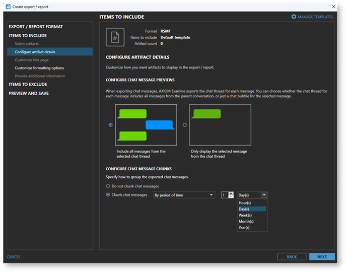 Screenshot of Axiom Cyber’s export and report creation tool showing customizable artifact display options, including RSMF exports grouped by standardized, time-based segments.